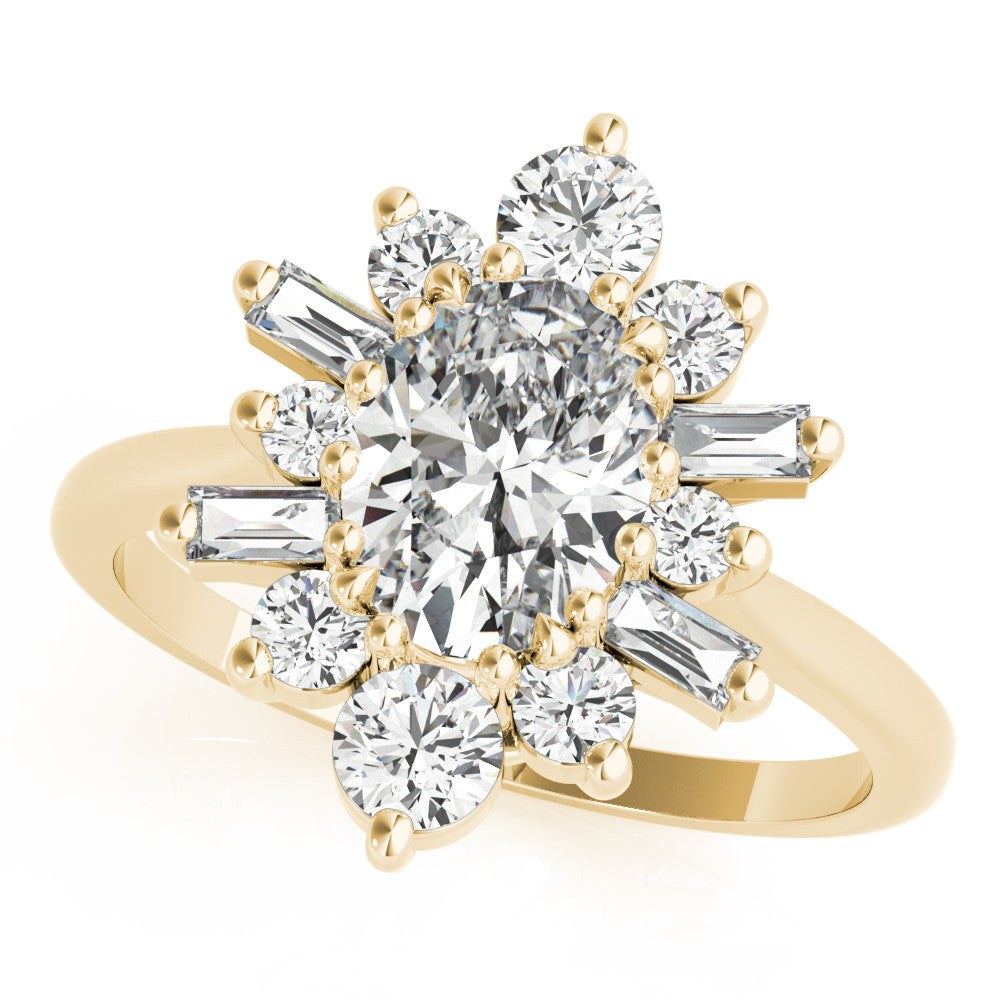 Yellow gold Oval Diamond Cluster Ring with Round and Baguette Stones, Split Shank Band, Prong Setting