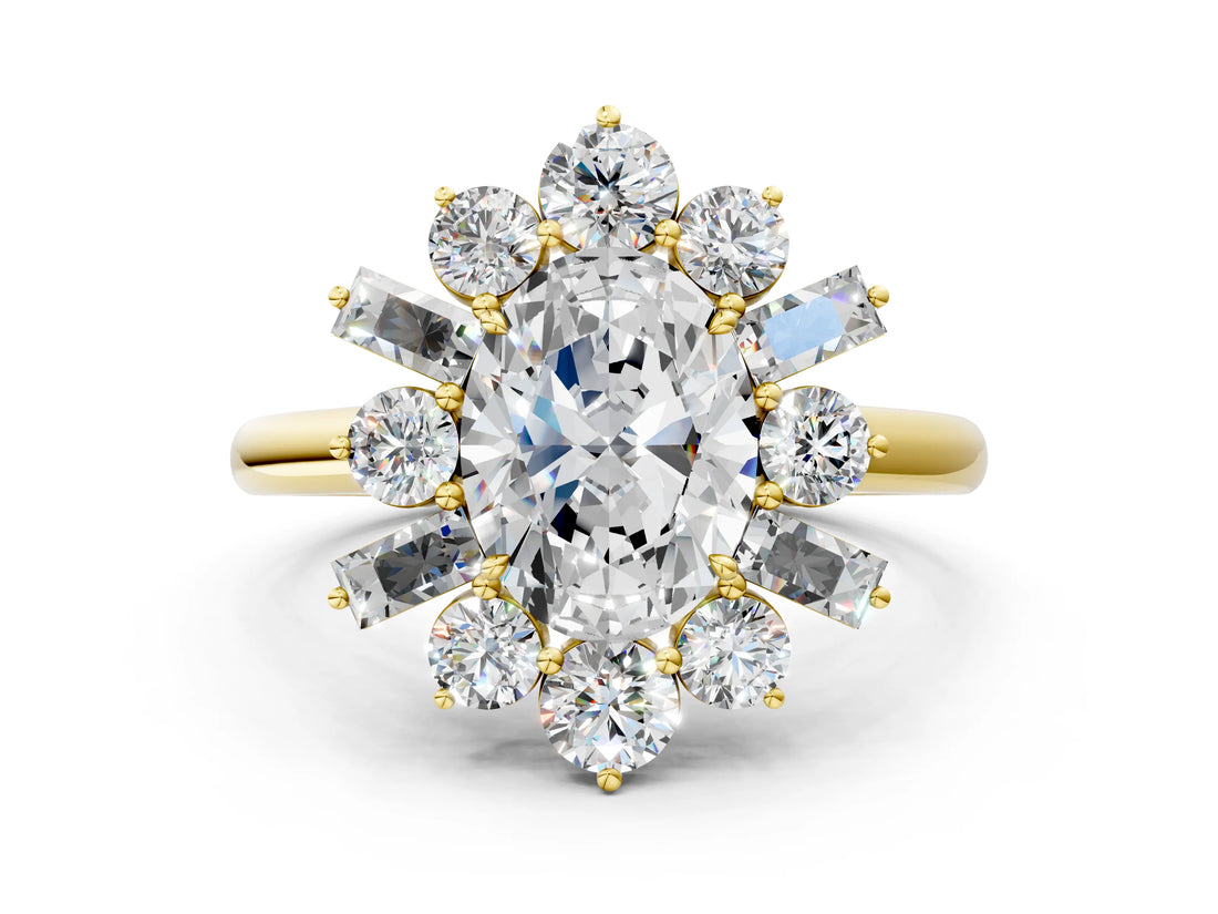 Yellow gold Oval Diamond Cluster Ring with Round and Baguette Stones, Split Shank Band, Prong Setting_15