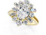 Yellow gold Oval Diamond Cluster Ring with Round and Baguette Stones, Split Shank Band, Prong Setting_16