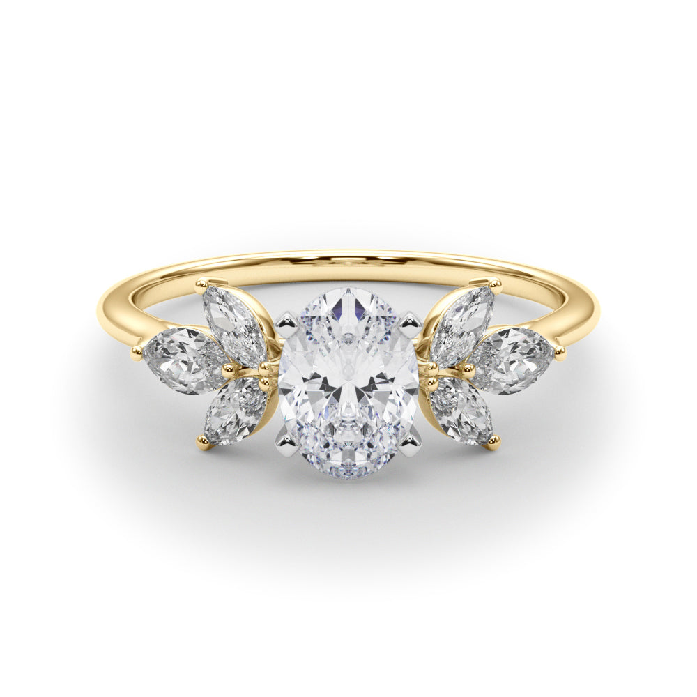 Yellow gold Oval Diamond Floral Cluster Ring with Marquise Side Stones and Six-Prong Solitaire Setting 1
