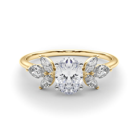Yellow gold Oval Diamond Floral Cluster Ring with Marquise Side Stones and Six-Prong Solitaire Setting 1