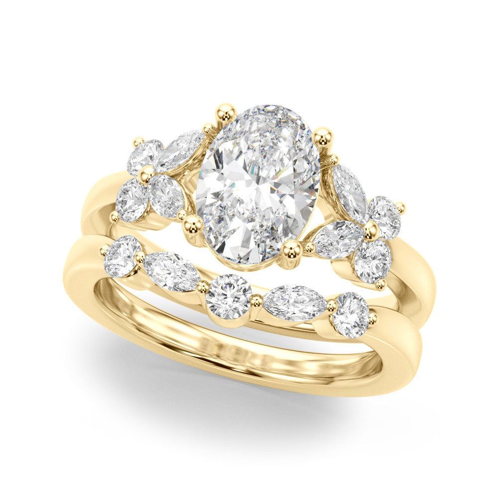 Yellow gold Oval Diamond Floral Cluster Ring with Solitaire Band and Prong Setting 1