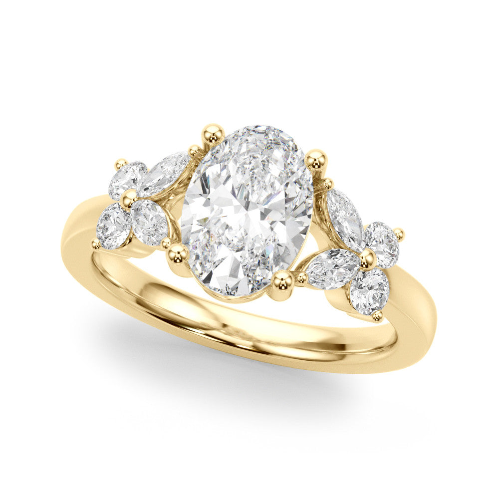 Yellow gold Oval Diamond Floral Cluster Ring with Solitaire Band and Prong Setting