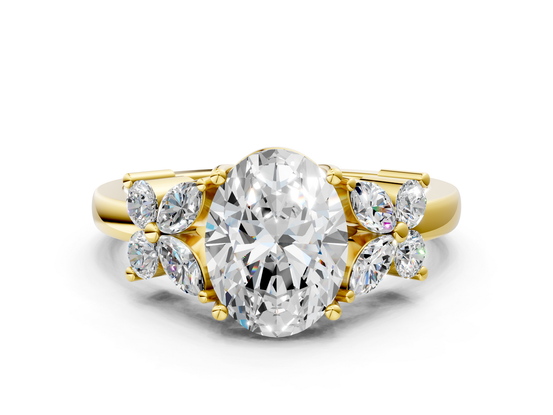 Yellow gold Oval Diamond Floral Cluster Ring with Solitaire Band and Prong Setting_83