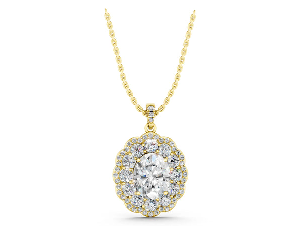 Yellow gold Oval Diamond Floral Halo Pendant with Diamond Accents