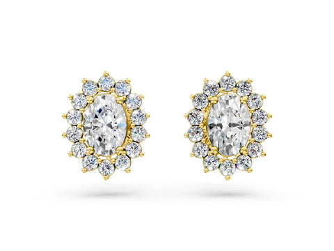 Yellow gold Oval Diamond Floral Halo Stud Earrings