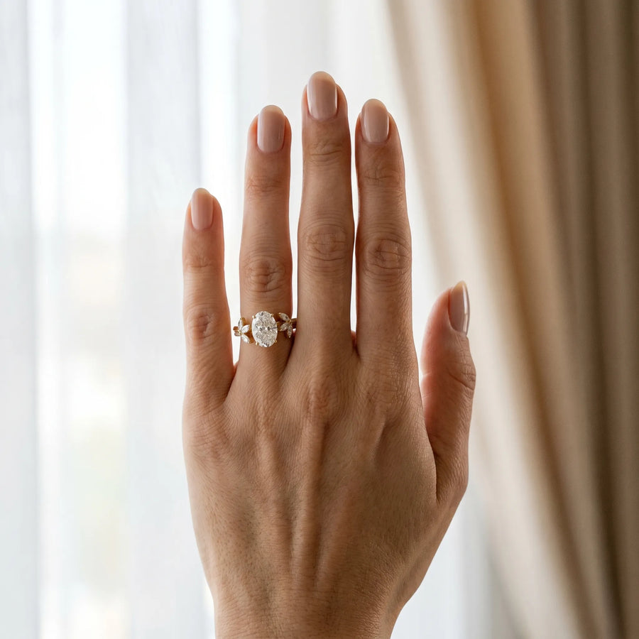 Yellow gold Oval Diamond Floral Vine Solitaire Engagement Ring