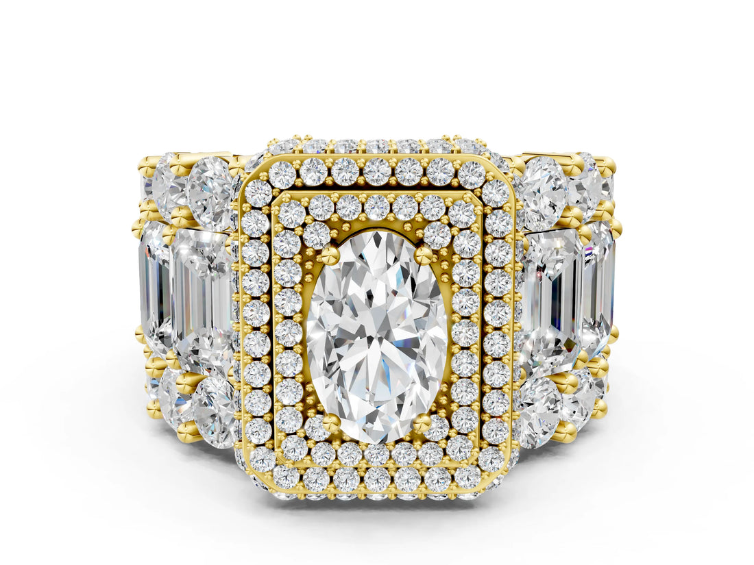 Yellow gold Oval Diamond Halo Mens Ring with Baguette Side Stones_36