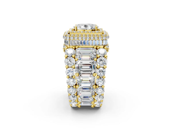 Yellow gold Oval Diamond Halo Mens Ring with Baguette Side Stones