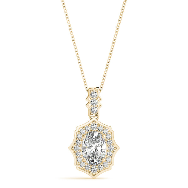 Yellow gold Oval Diamond Halo Pendant with Milgrain Prong Setting