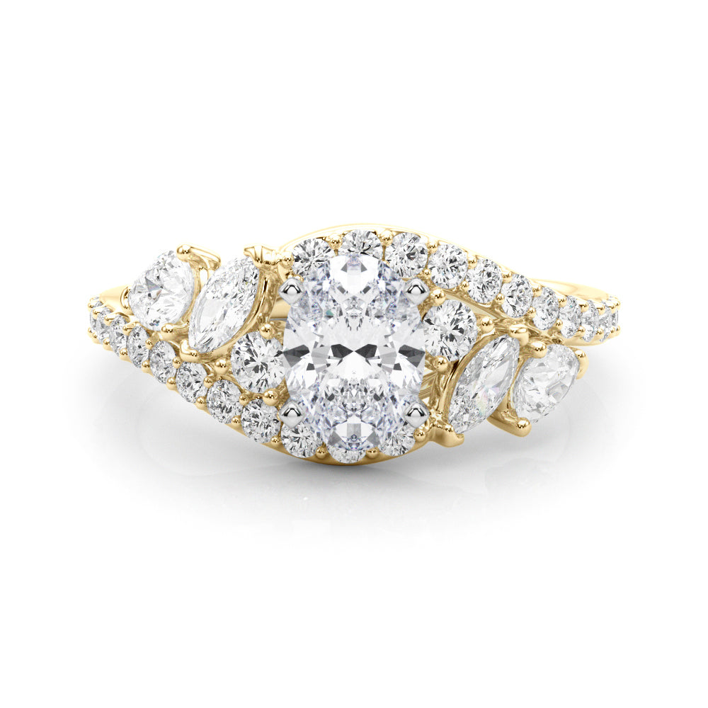 Yellow gold Oval Diamond Halo Ring with Marquise and Pavé Band in Prong Setting 1