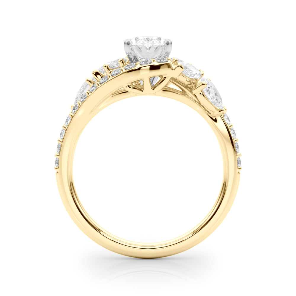 Yellow gold Oval Diamond Halo Ring with Marquise and Pavé Band in Prong Setting 2