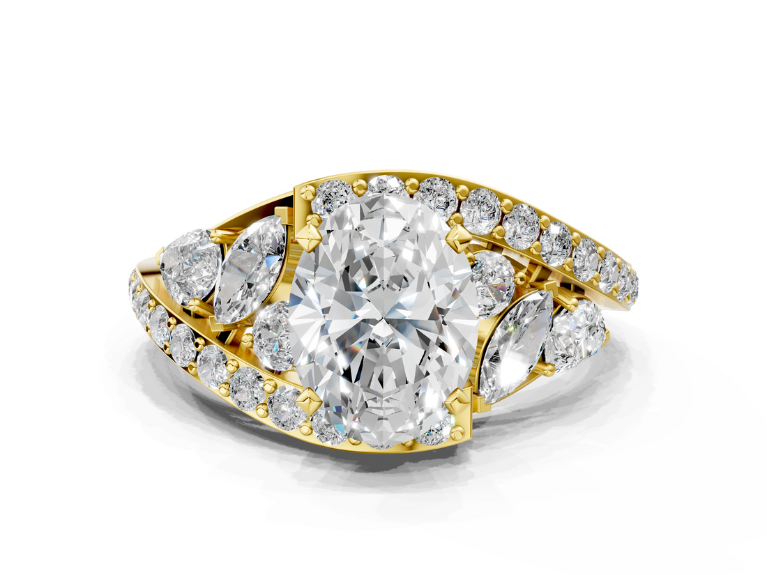 Yellow gold Oval Diamond Halo Ring with Marquise and Pavé Band in Prong Setting_83