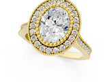 Yellow gold Oval Diamond Halo Ring with Milgrain Frame and Pavé Band 1