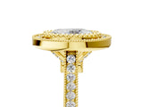 Yellow gold Oval Diamond Halo Ring with Milgrain Frame and Pavé Band 5