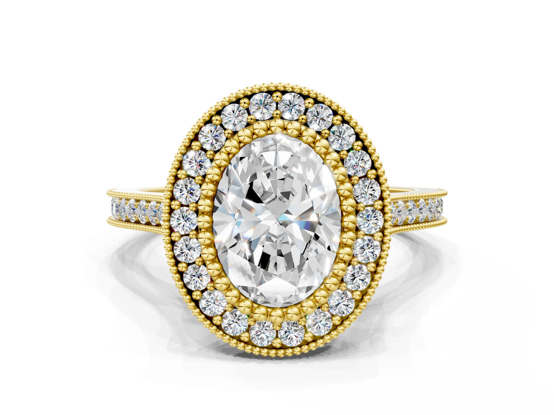 Yellow gold Oval Diamond Halo Ring with Milgrain Frame and Pavé Band