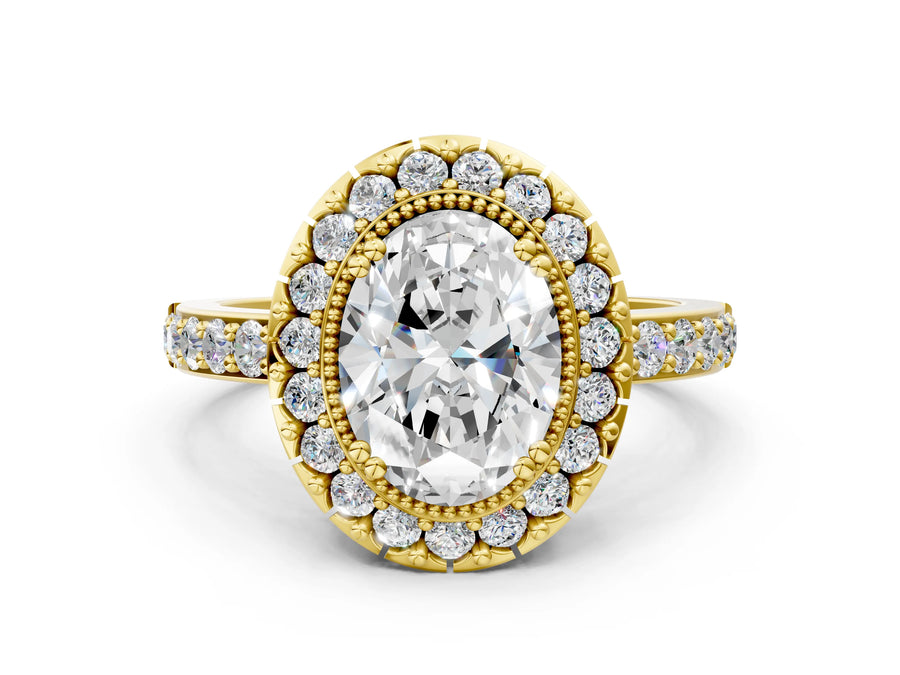 Yellow gold Oval Diamond Halo Ring with Pavé Band and Prong Setting