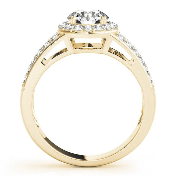 Yellow gold Oval Diamond Halo Ring with Split Shank Pavé Band and Four-Prong Setting