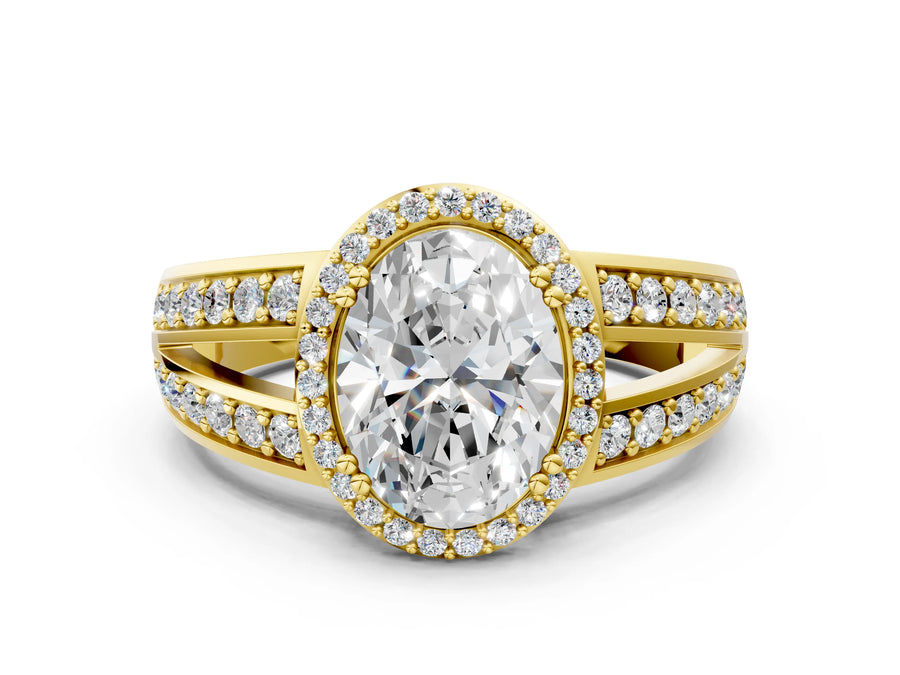 Yellow gold Oval Diamond Halo Ring with Split Shank Pavé Band and Four-Prong Setting