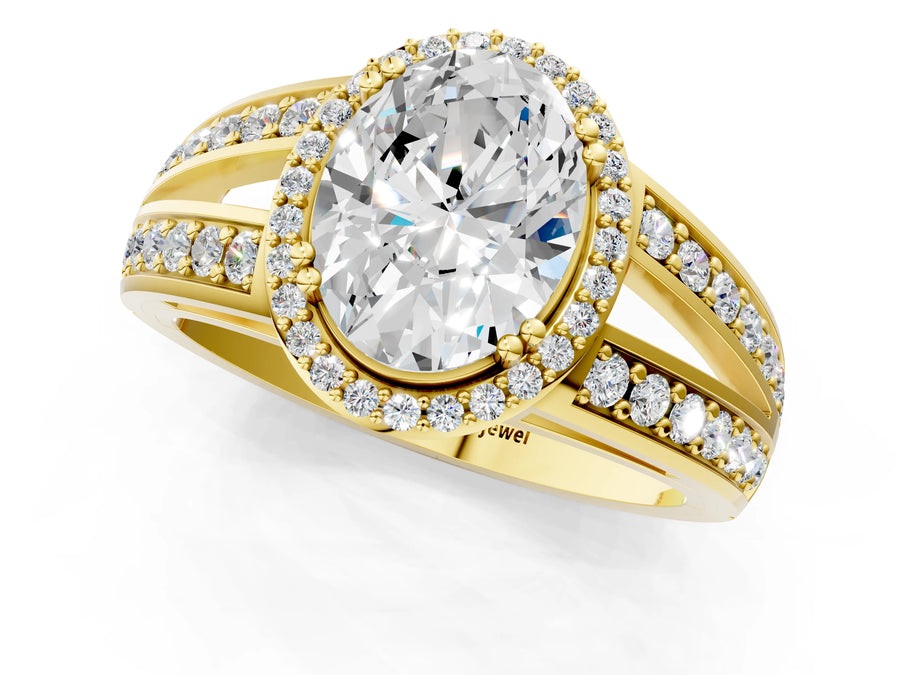 Yellow gold Oval Diamond Halo Ring with Split Shank Pavé Band and Four-Prong Setting
