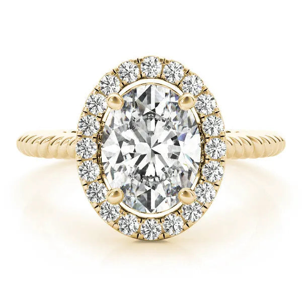 Yellow gold Oval Diamond Halo Ring with Twisted Band and Prong Setting