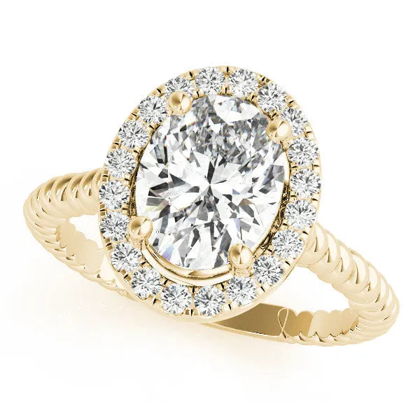 Yellow gold Oval Diamond Halo Ring with Twisted Band and Prong Setting