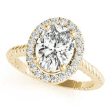 Yellow gold Oval Diamond Halo Ring with Twisted Band and Prong Setting