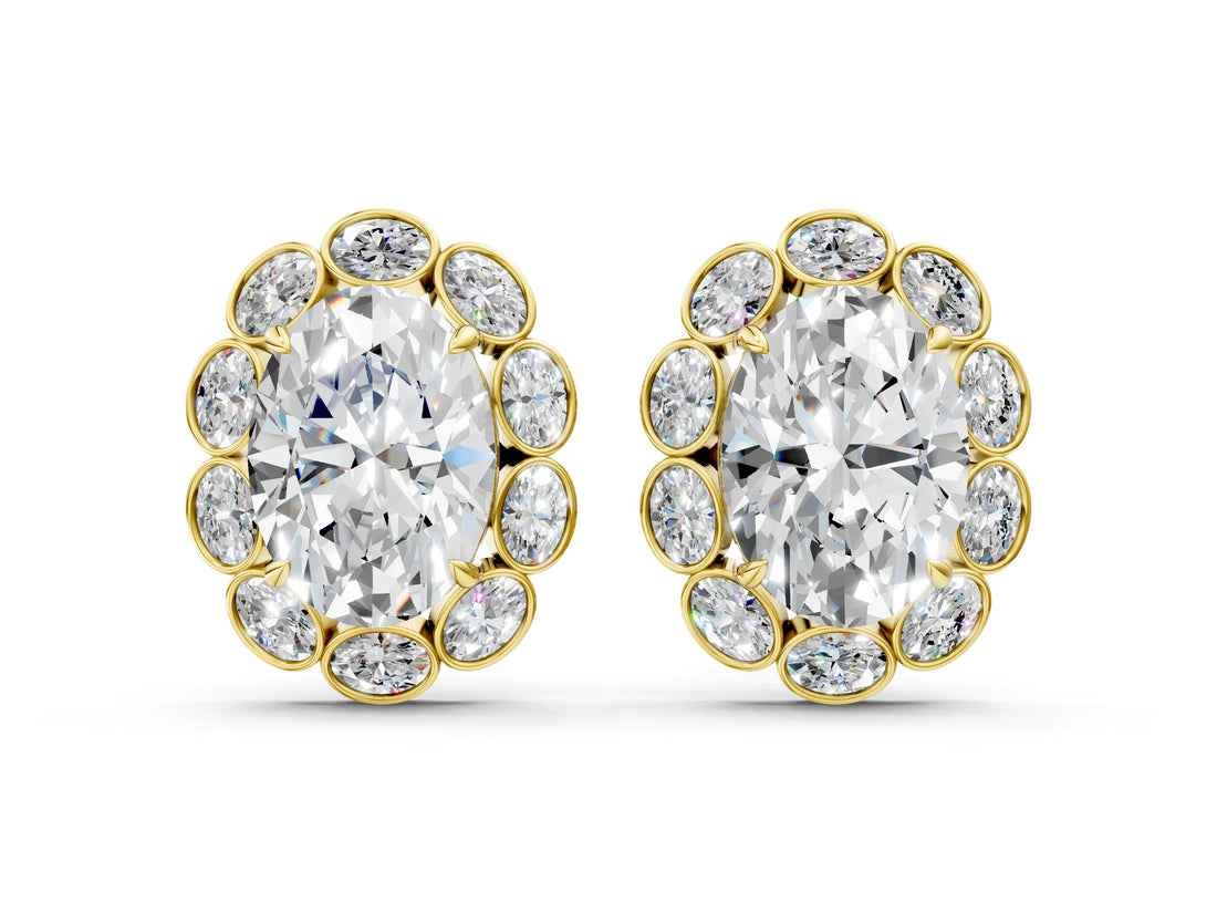 Yellow gold Oval Diamond Halo Stud Earrings with Oval Diamond Accents