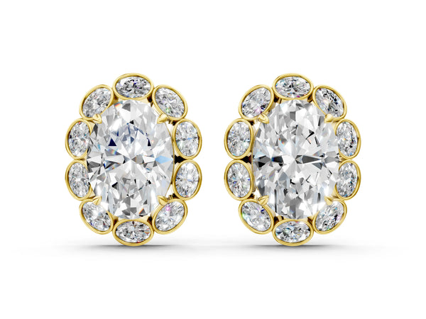 Yellow gold Oval Diamond Halo Stud Earrings with Oval Diamond Accents