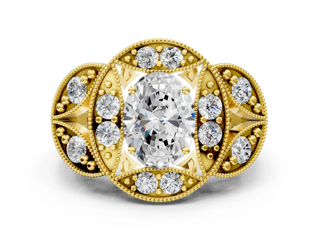 Yellow gold Oval Diamond Milgrain Marquise Filigree Engagement Ring with Prong Setting_6