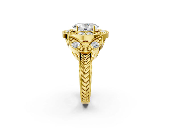Yellow gold Oval Diamond Milgrain Marquise Filigree Engagement Ring with Prong Setting