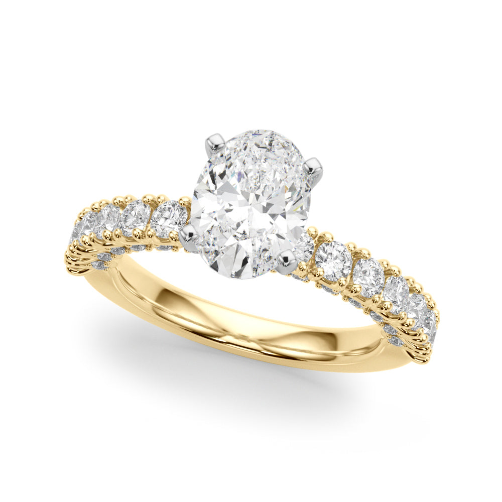 Yellow gold Oval Diamond Pavé Band Solitaire Ring with Four-Prong Setting