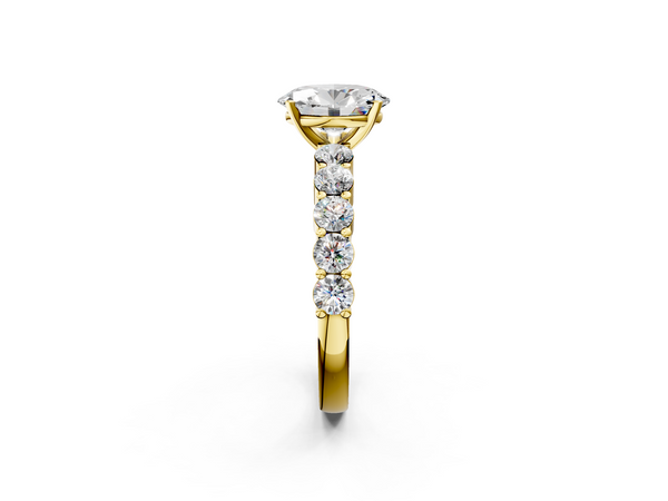 Yellow gold Oval Diamond Solitaire Ring with Shared Prong Round Side Stones