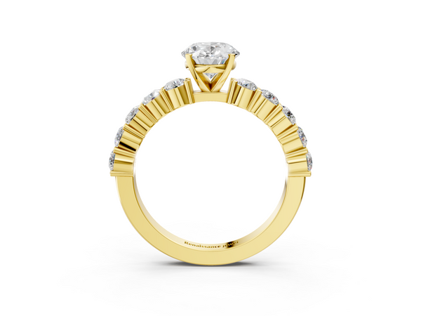 Yellow gold Oval Diamond Solitaire Ring with Shared Prong Round Side Stones