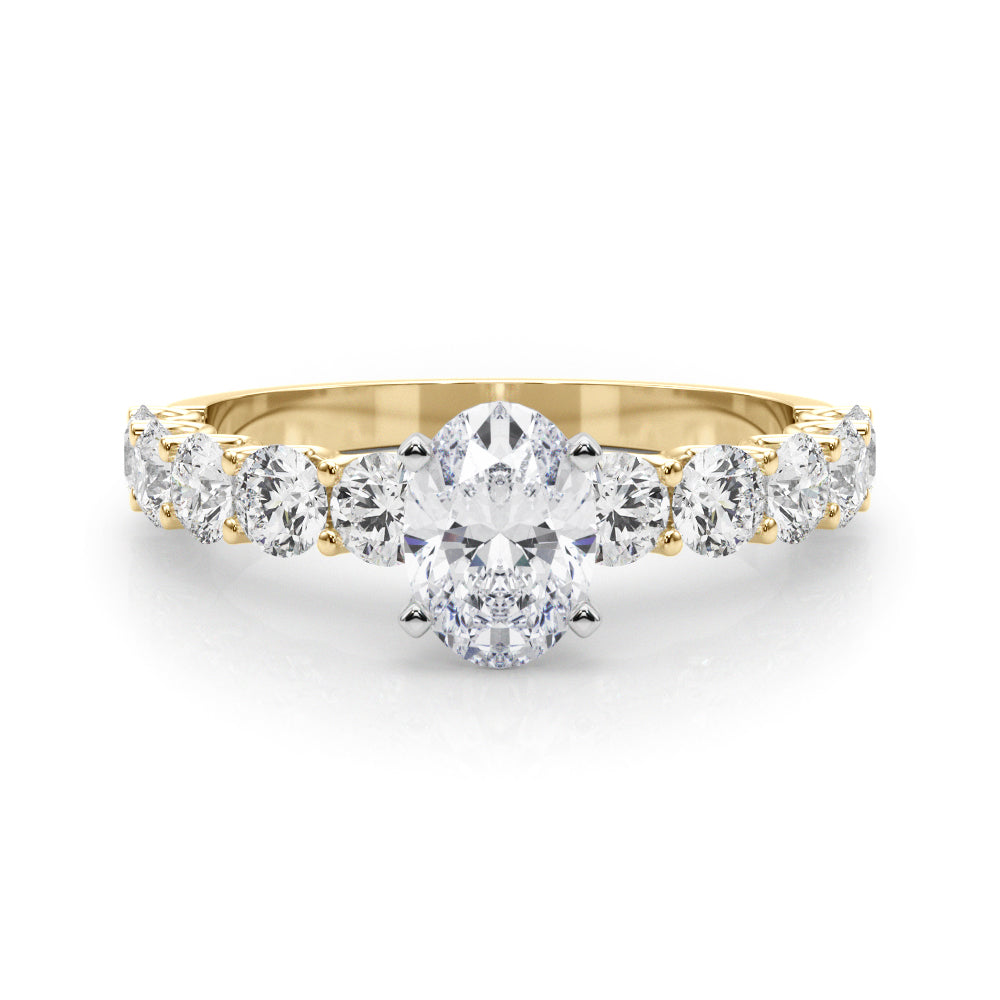 Yellow gold Oval Diamond Prong Setting with Side Stones on a Pave Band 1