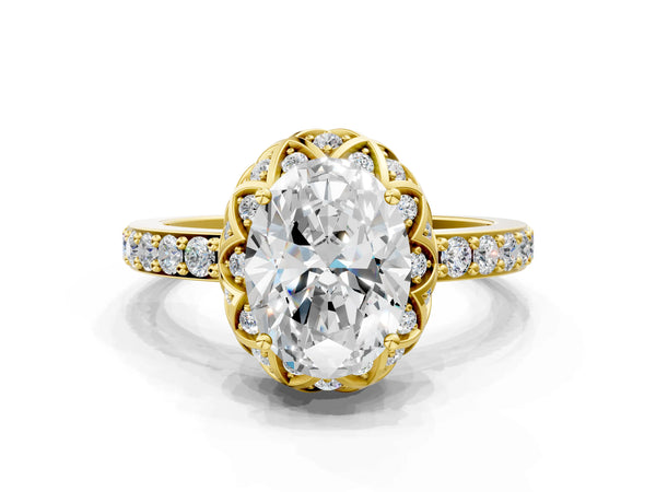 Yellow gold Oval Diamond Solitaire Ring with Shared Prong Pavé Band
