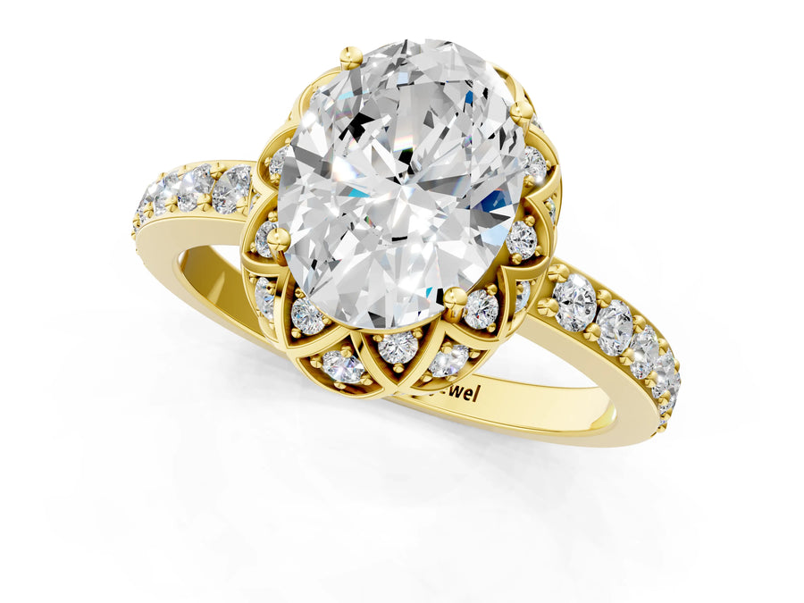 Yellow gold Oval Diamond Solitaire Ring with Shared Prong Pavé Band