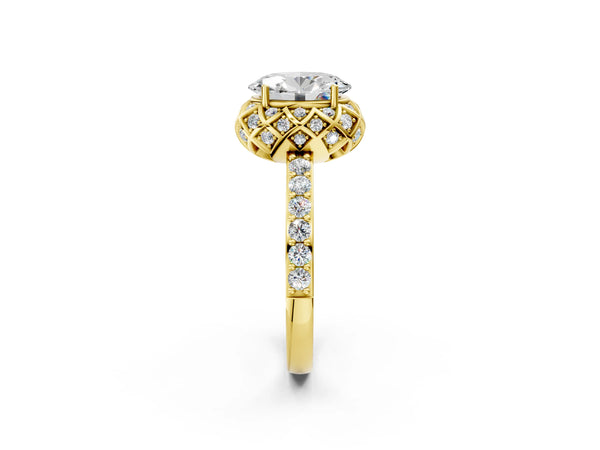 Yellow gold Oval Diamond Solitaire Ring with Shared Prong Pavé Band