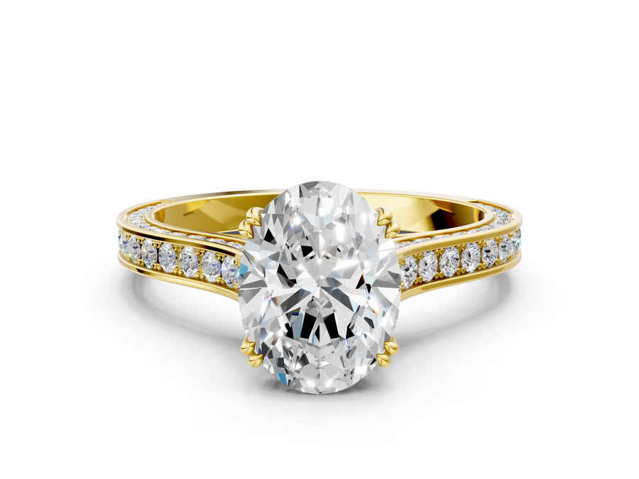 Yellow gold Oval Diamond Solitaire with Pave Band and Six-Prong Setting