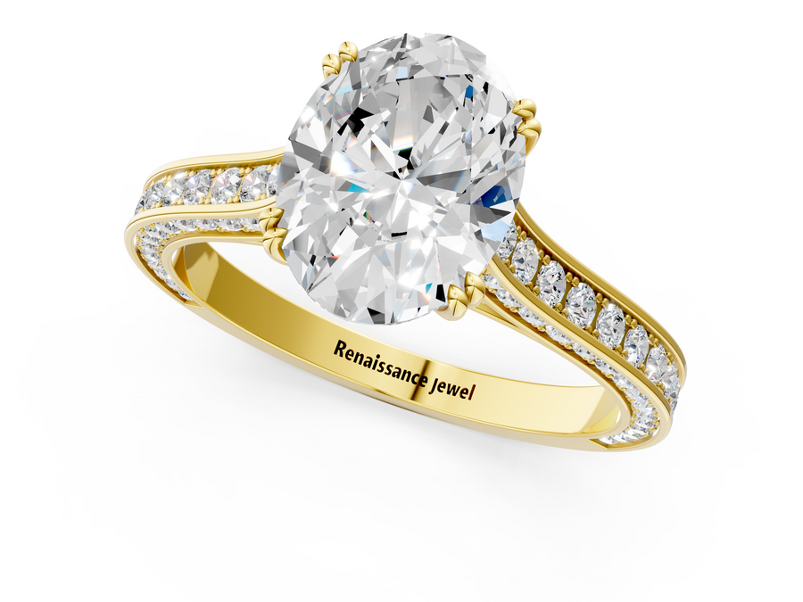 Yellow gold Oval Diamond Solitaire with Pave Band and Six-Prong Setting