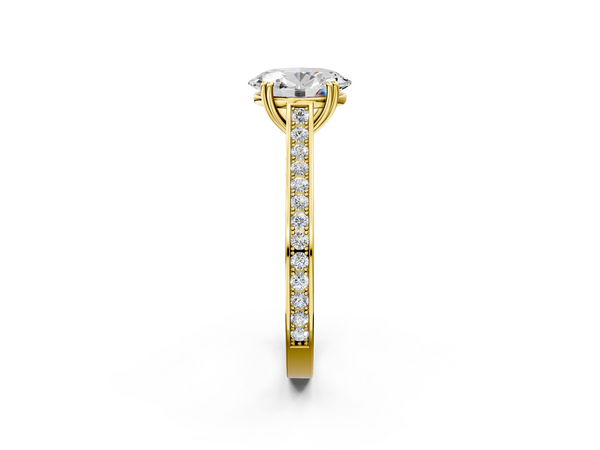 Yellow gold Oval Diamond Solitaire with Pave Band and Six-Prong Setting