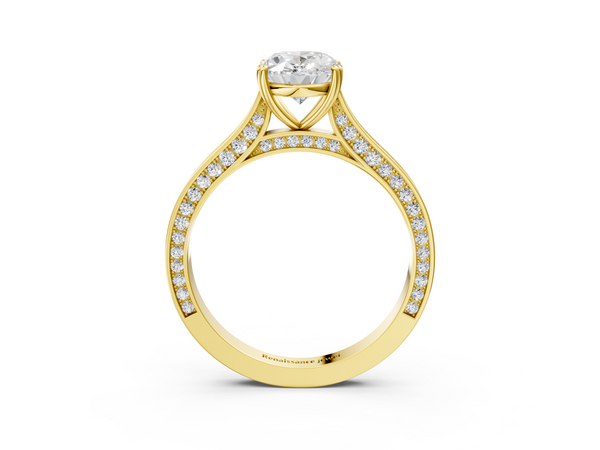 Yellow gold Oval Diamond Solitaire with Pave Band and Six-Prong Setting