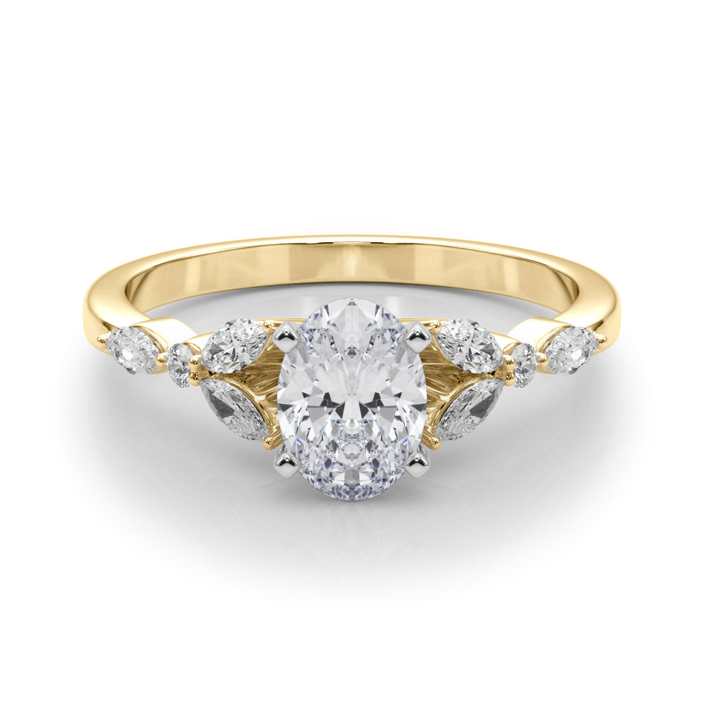 Yellow gold Oval Diamond Solitaire with Side Stones on a White Gold Band and Four-Prong Setting 1