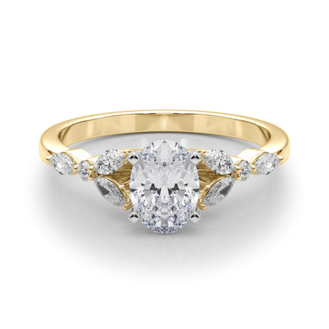 Yellow gold Oval Diamond Solitaire with Side Stones on a White Gold Band and Four-Prong Setting 1