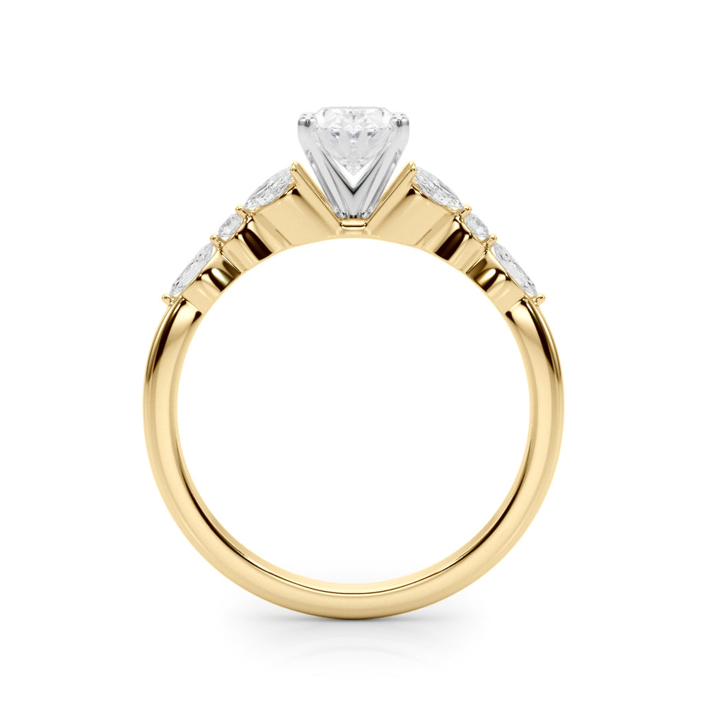 Yellow gold Oval Diamond Solitaire with Side Stones on a White Gold Band and Four-Prong Setting 2