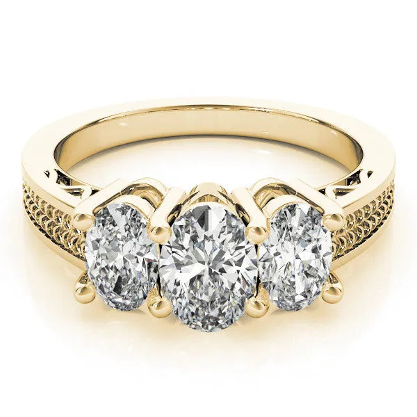 Yellow gold Oval Diamond Three-Stone Ring with Prong Setting and Textured Band