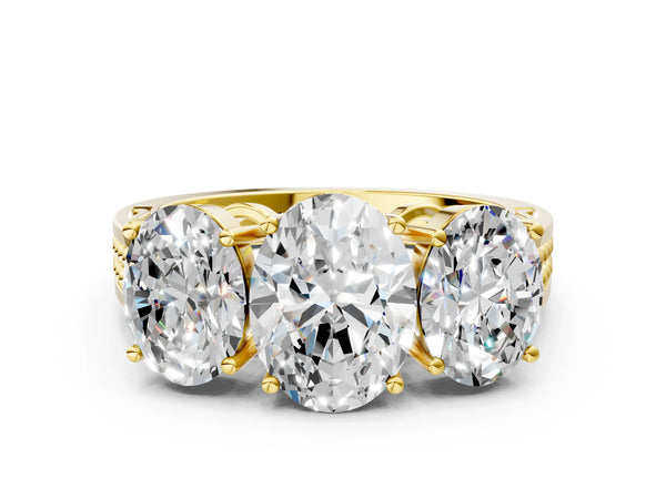 Yellow gold Oval Diamond Three-Stone Ring with Prong Setting and Textured Band