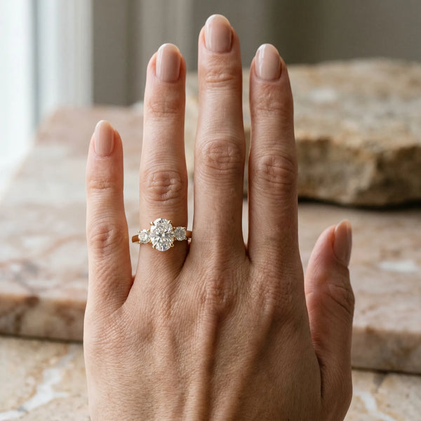 Yellow gold Oval Diamond Three-Stone Ring with Prong Setting and Textured Band