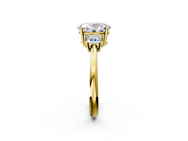 Yellow Gold Oval Three Stone Engagement Ring Setting with Trapezoid Side Stones and Prong Head
