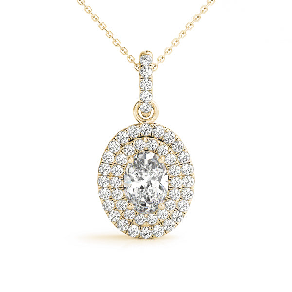 Yellow gold Oval Double Halo Diamond Pendant with Prong Setting